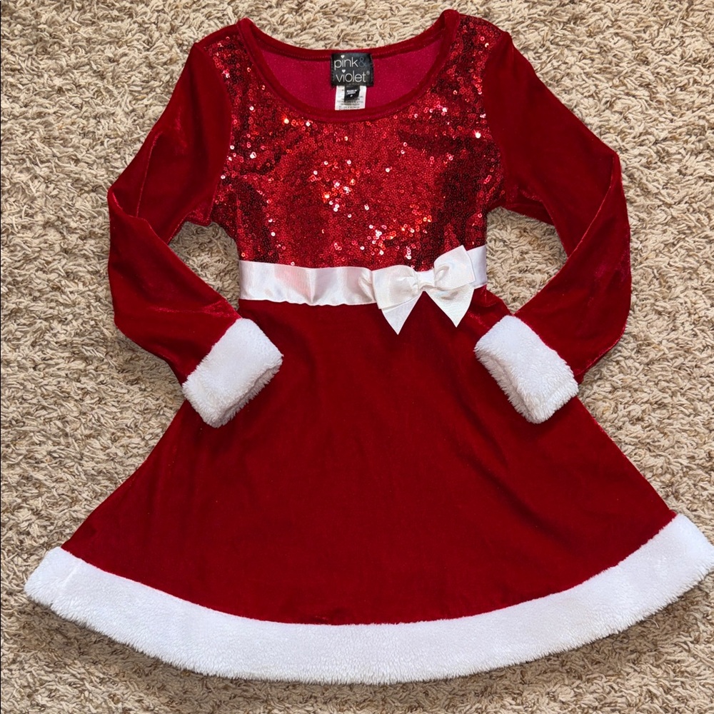 Size 5 girls red Mrs. Claus dress with sequins, bow and faux fur trim.